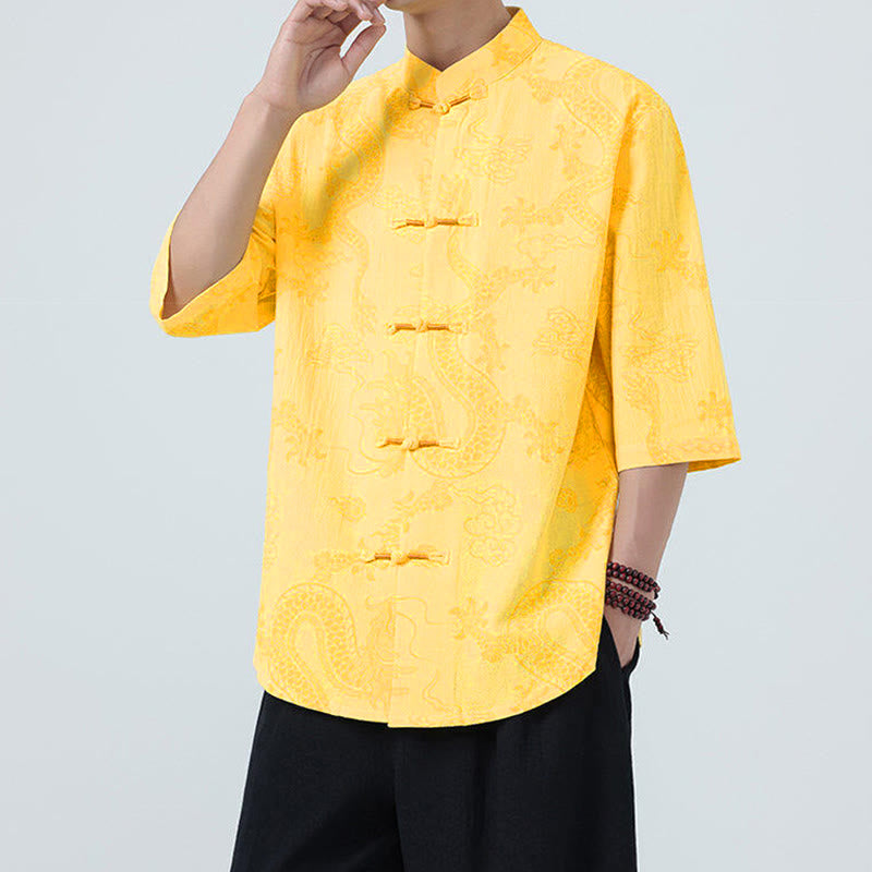 Nimara Ritual Summer Dragon Auspicious Clouds Pattern Tang Suit Men's Frog-Button Half Sleeve Cotton Shirt