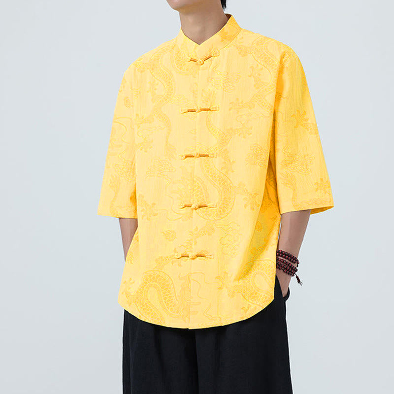 Nimara Ritual Summer Dragon Auspicious Clouds Pattern Tang Suit Men's Frog-Button Half Sleeve Cotton Shirt