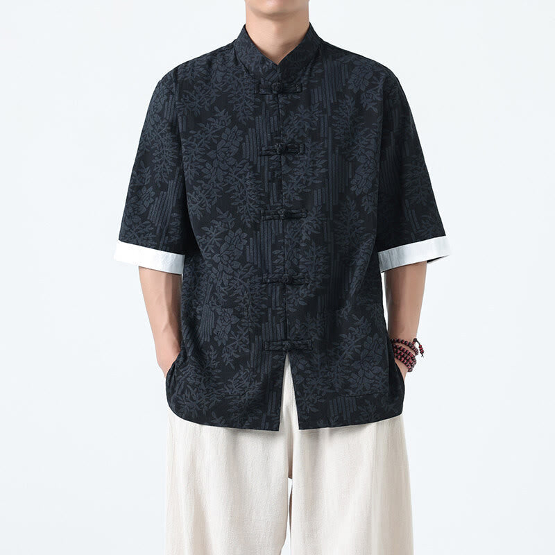 Nimara Ritual Summer Flowers Grass Pattern Tang Suit Men's Frog-Button Half Sleeve Cotton Shirt With Pockets
