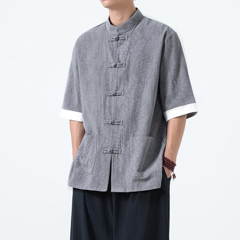 Nimara Ritual Summer Flowers Grass Pattern Tang Suit Men's Frog-Button Half Sleeve Cotton Shirt With Pockets