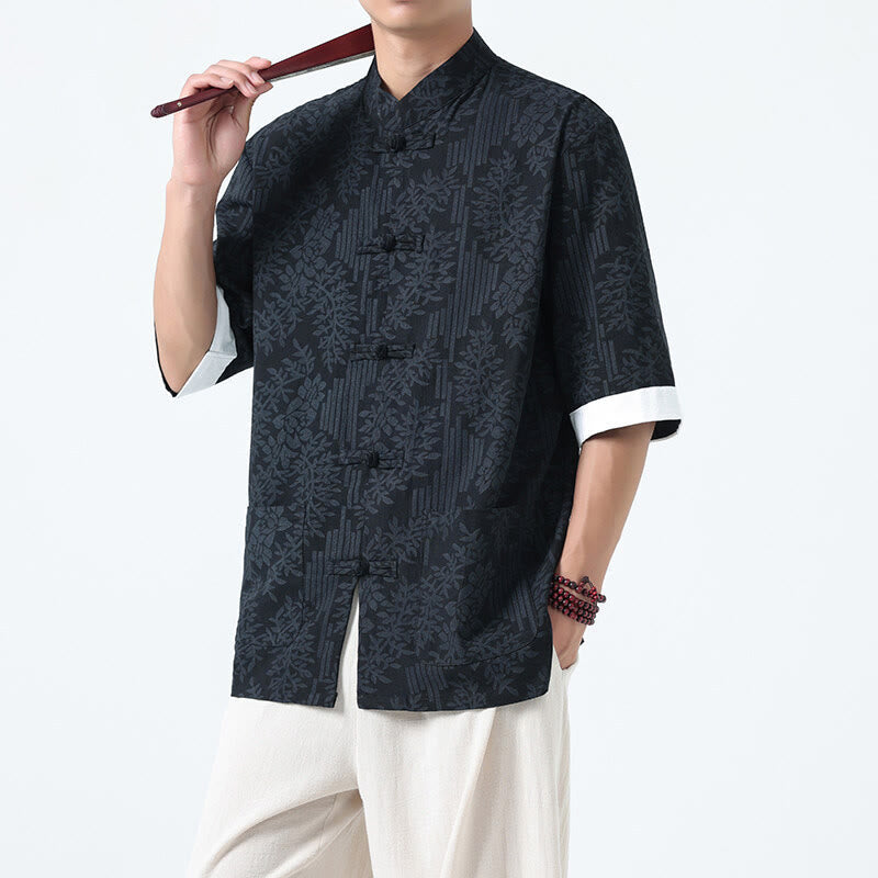Nimara Ritual Summer Flowers Grass Pattern Tang Suit Men's Frog-Button Half Sleeve Cotton Shirt With Pockets