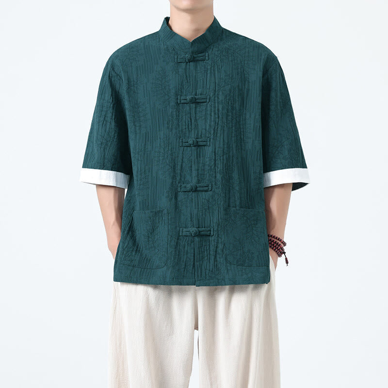 Nimara Ritual Summer Flowers Grass Pattern Tang Suit Men's Frog-Button Half Sleeve Cotton Shirt With Pockets