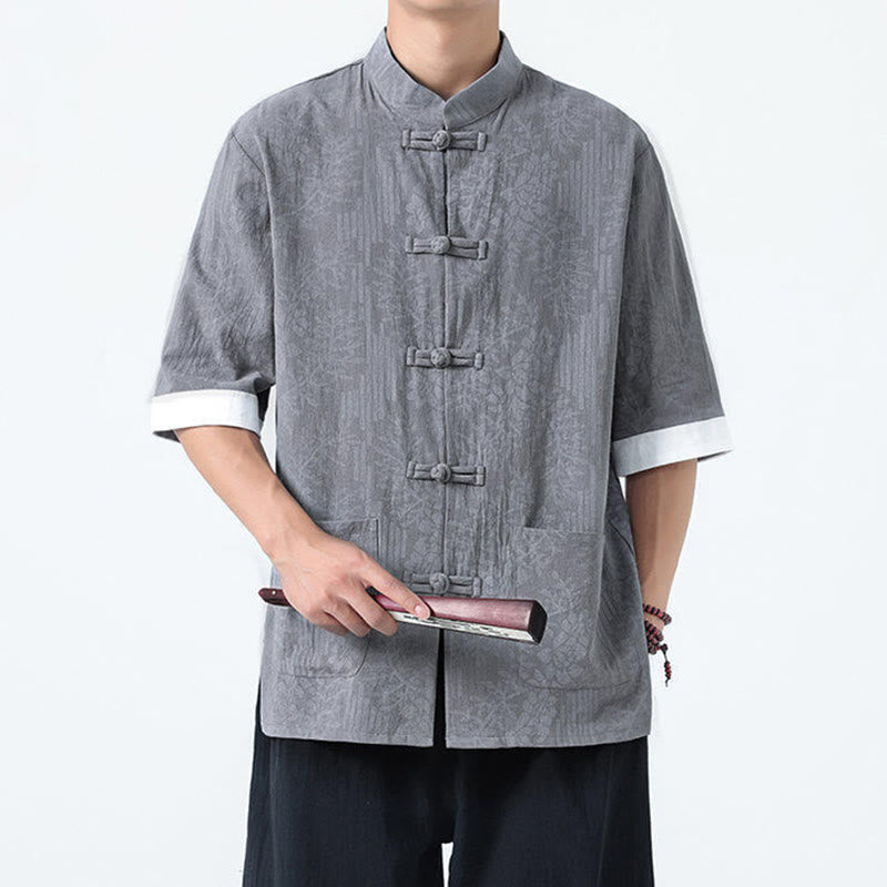 Nimara Ritual Summer Flowers Grass Pattern Tang Suit Men's Frog-Button Half Sleeve Cotton Shirt With Pockets