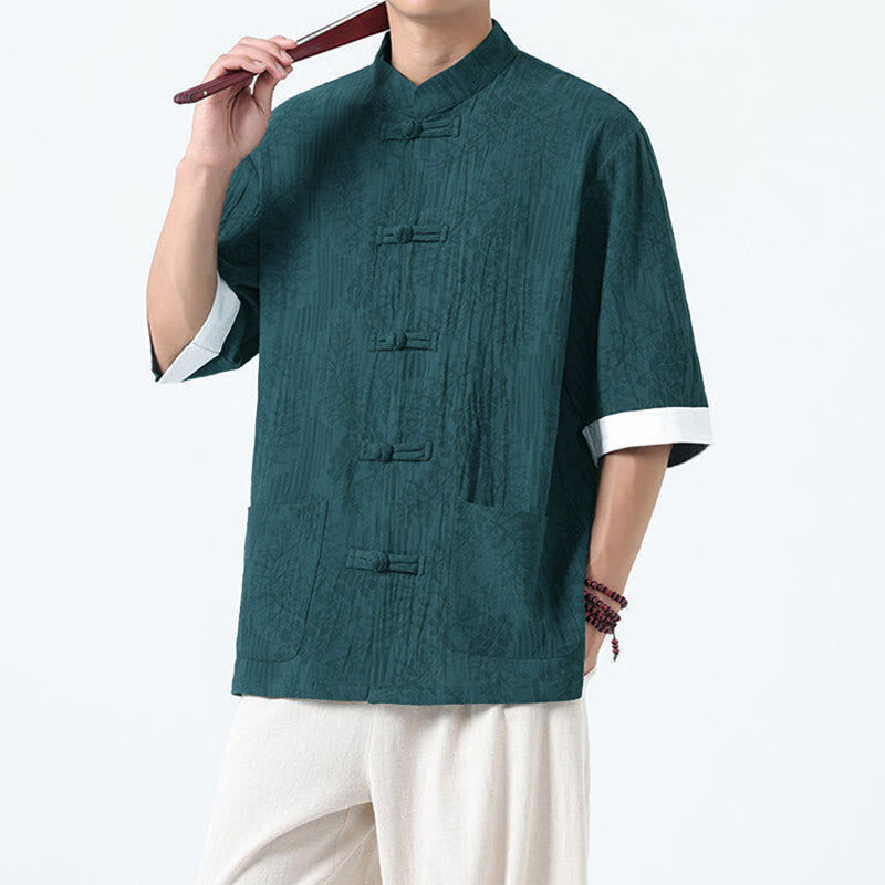 Nimara Ritual Summer Flowers Grass Pattern Tang Suit Men's Frog-Button Half Sleeve Cotton Shirt With Pockets