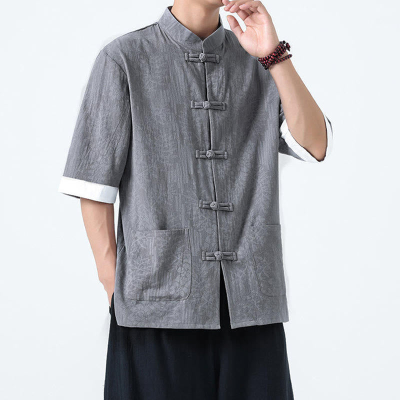 Nimara Ritual Summer Flowers Grass Pattern Tang Suit Men's Frog-Button Half Sleeve Cotton Shirt With Pockets