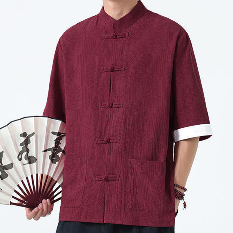 Nimara Ritual Summer Flowers Grass Pattern Tang Suit Men's Frog-Button Half Sleeve Cotton Shirt With Pockets