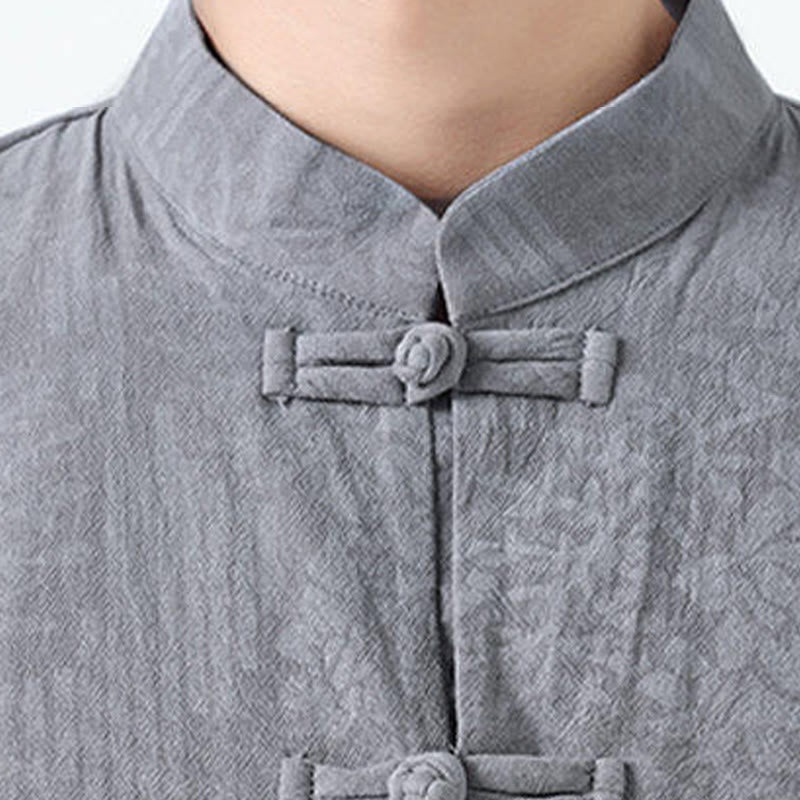 Nimara Ritual Summer Flowers Grass Pattern Tang Suit Men's Frog-Button Half Sleeve Cotton Shirt With Pockets