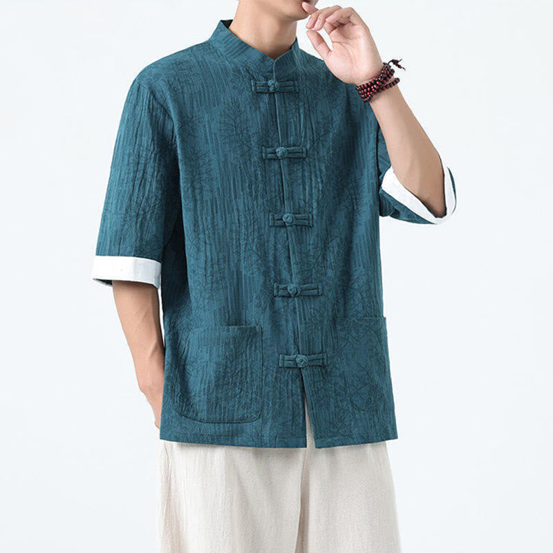 Nimara Ritual Summer Flowers Grass Pattern Tang Suit Men's Frog-Button Half Sleeve Cotton Shirt With Pockets
