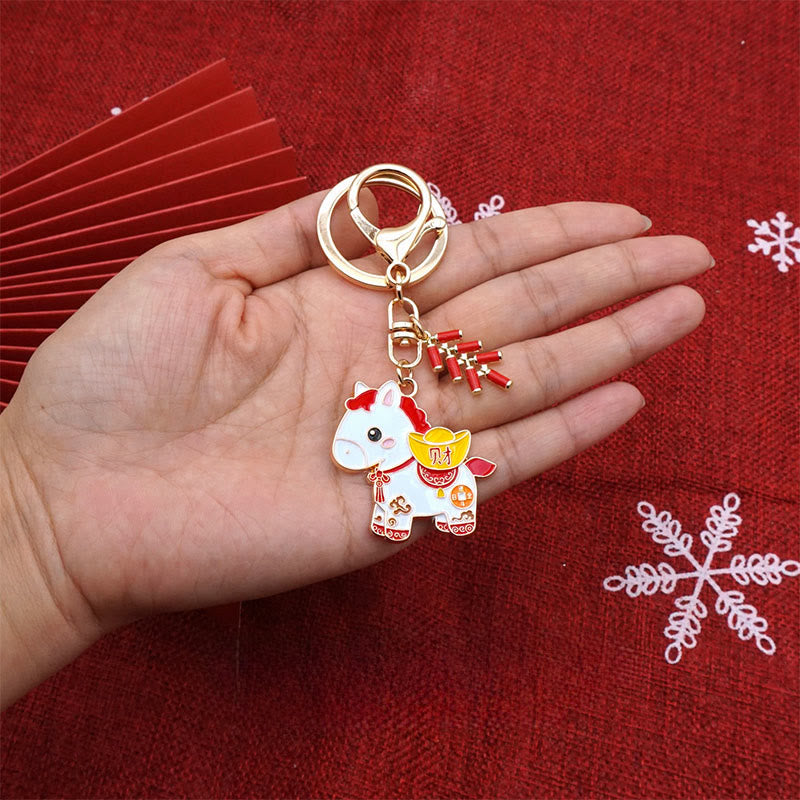 Nimara Ritual "Hoping You Have a Joyful Year" Year of the Horse Ingot Red Firecrackers Alloy Key Chain Includes Gift Message Card