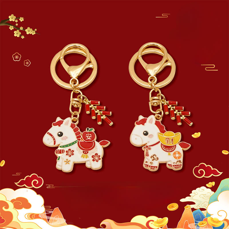 Nimara Ritual "Hoping You Have a Joyful Year" Year of the Horse Ingot Red Firecrackers Alloy Key Chain Includes Gift Message Card