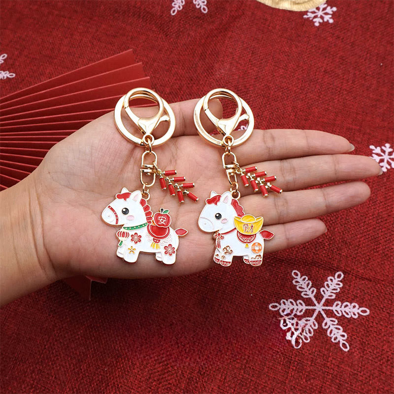 Nimara Ritual "Hoping You Have a Joyful Year" Year of the Horse Ingot Red Firecrackers Alloy Key Chain Includes Gift Message Card