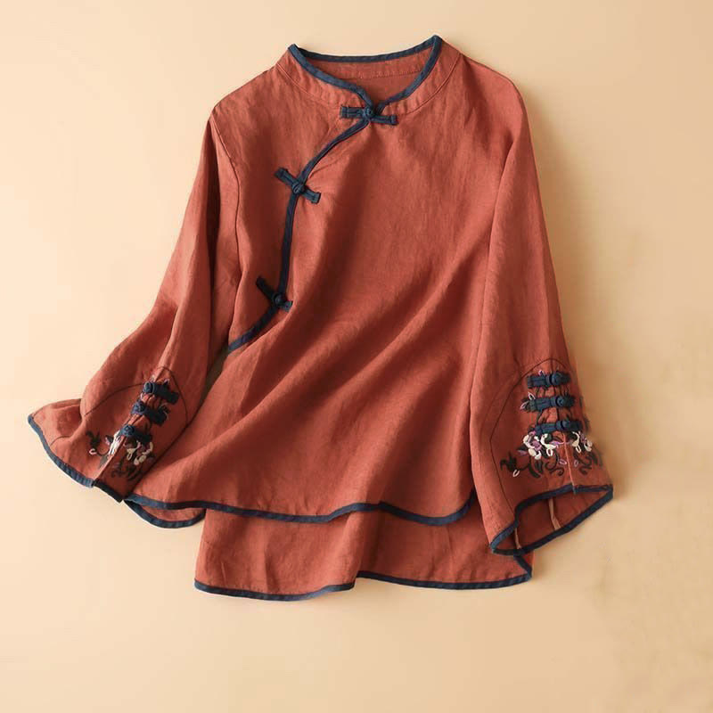 Nimara Ritual Retro Flower Embroidery Design Long Sleeve Women's Shirt