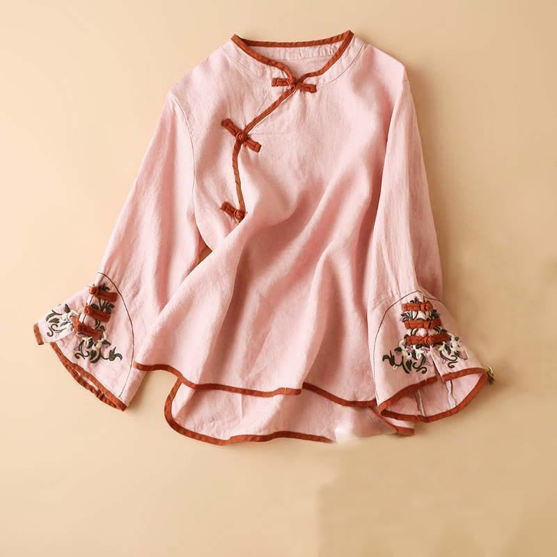 Nimara Ritual Retro Flower Embroidery Design Long Sleeve Women's Shirt