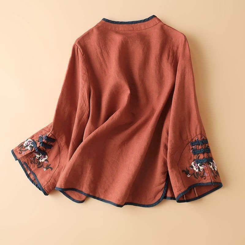 Nimara Ritual Retro Flower Embroidery Design Long Sleeve Women's Shirt