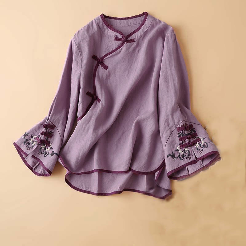 Nimara Ritual Retro Flower Embroidery Design Long Sleeve Women's Shirt