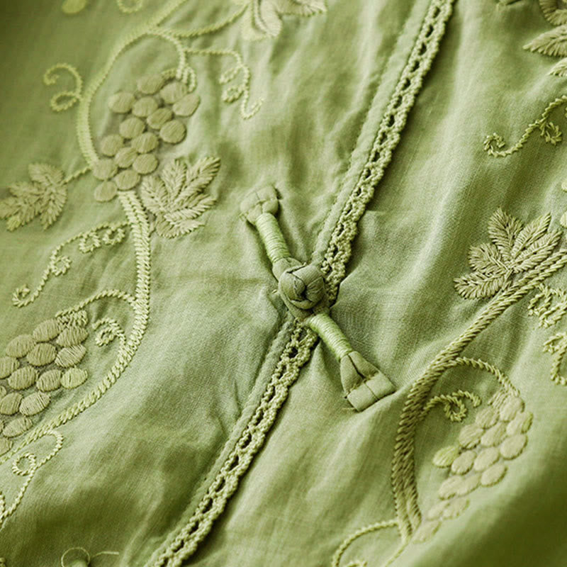 Nimara Ritual Embroidered Grapes Pattern Lace Design Frog-Button Three Quarter Sleeve Women's Cotton Shirt