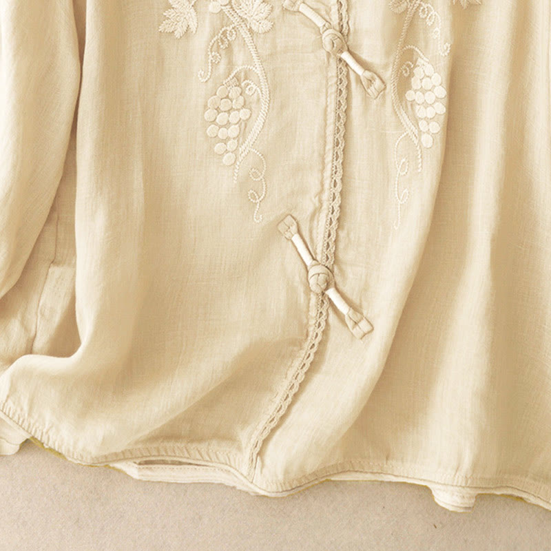 Nimara Ritual Embroidered Grapes Pattern Lace Design Frog-Button Three Quarter Sleeve Women's Cotton Shirt