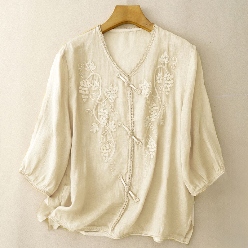 Nimara Ritual Embroidered Grapes Pattern Lace Design Frog-Button Three Quarter Sleeve Women's Cotton Shirt