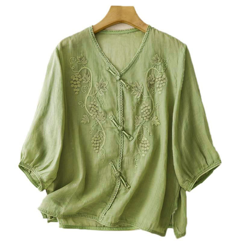 Nimara Ritual Embroidered Grapes Pattern Lace Design Frog-Button Three Quarter Sleeve Women's Cotton Shirt