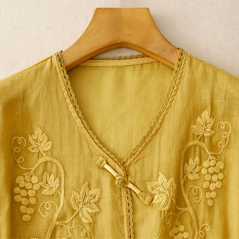 Nimara Ritual Embroidered Grapes Pattern Lace Design Frog-Button Three Quarter Sleeve Women's Cotton Shirt