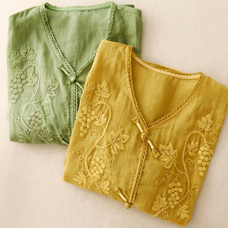 Nimara Ritual Embroidered Grapes Pattern Lace Design Frog-Button Three Quarter Sleeve Women's Cotton Shirt