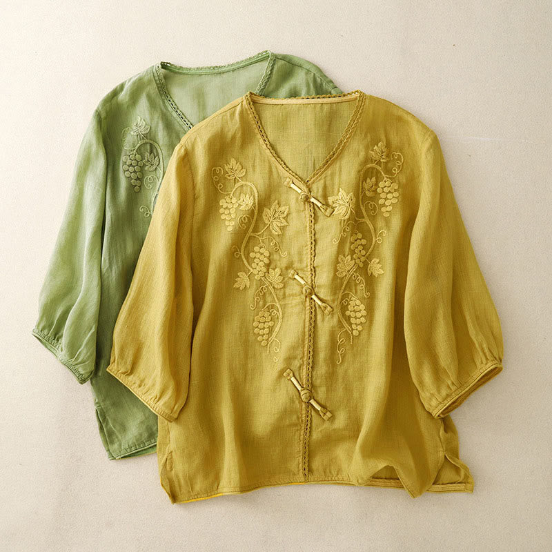 Nimara Ritual Embroidered Grapes Pattern Lace Design Frog-Button Three Quarter Sleeve Women's Cotton Shirt
