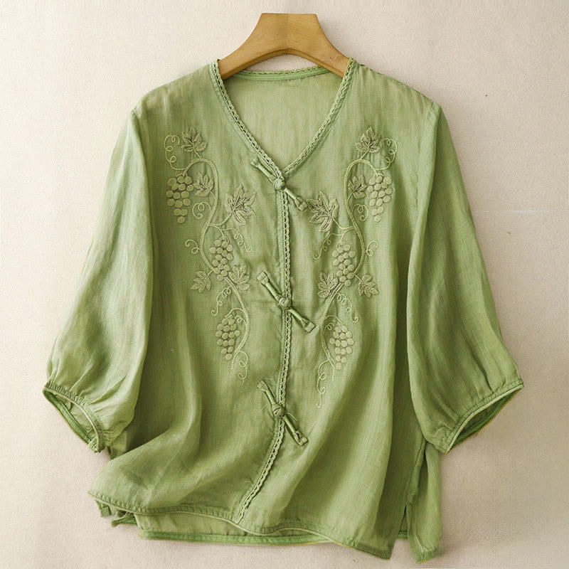 Nimara Ritual Embroidered Grapes Pattern Lace Design Frog-Button Three Quarter Sleeve Women's Cotton Shirt
