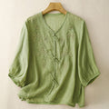 Nimara Ritual Embroidered Grapes Pattern Lace Design Frog-Button Three Quarter Sleeve Women's Cotton Shirt