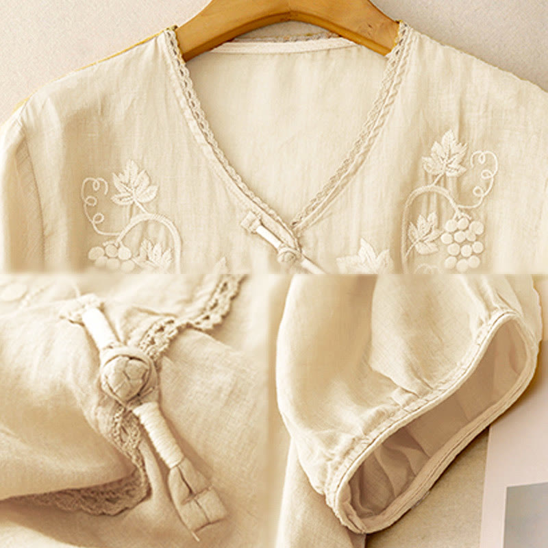 Nimara Ritual Embroidered Grapes Pattern Lace Design Frog-Button Three Quarter Sleeve Women's Cotton Shirt