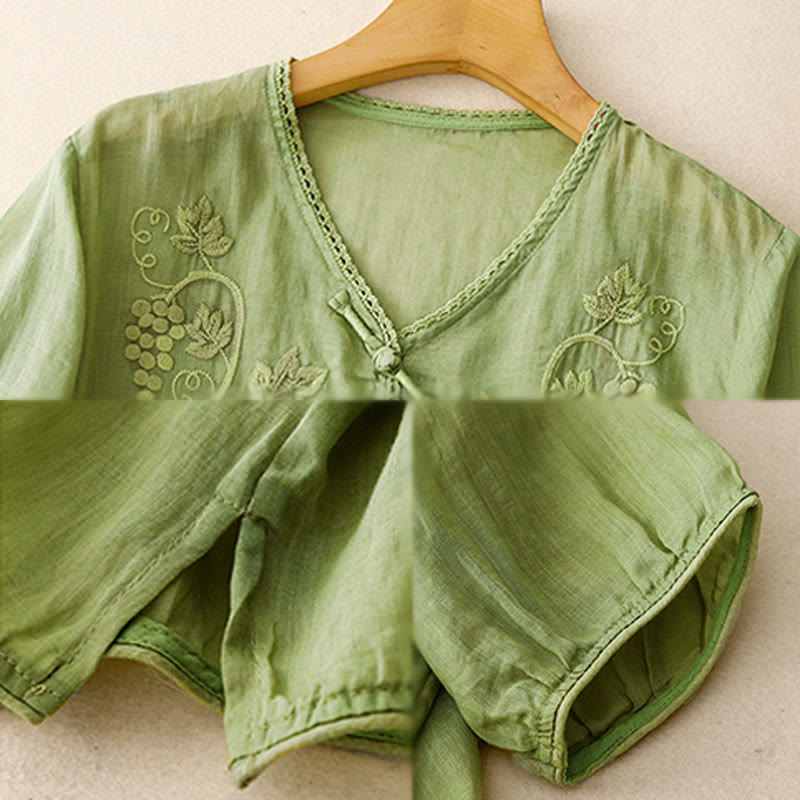 Nimara Ritual Embroidered Grapes Pattern Lace Design Frog-Button Three Quarter Sleeve Women's Cotton Shirt
