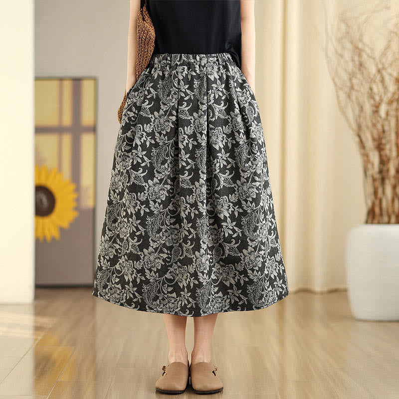 Nimara Ritual Printing Flower Paisley Pattern A-line Elastic Waist Women's Skirt With Pockets