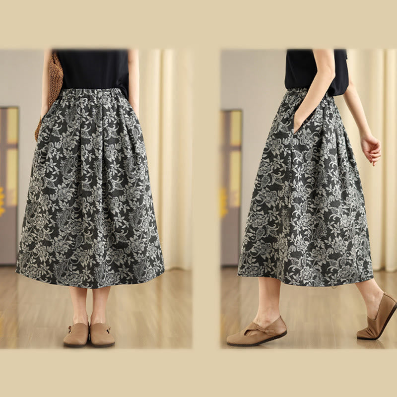 Nimara Ritual Printing Flower Paisley Pattern A-line Elastic Waist Women's Skirt With Pockets
