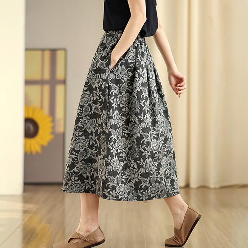 Nimara Ritual Printing Flower Paisley Pattern A-line Elastic Waist Women's Skirt With Pockets