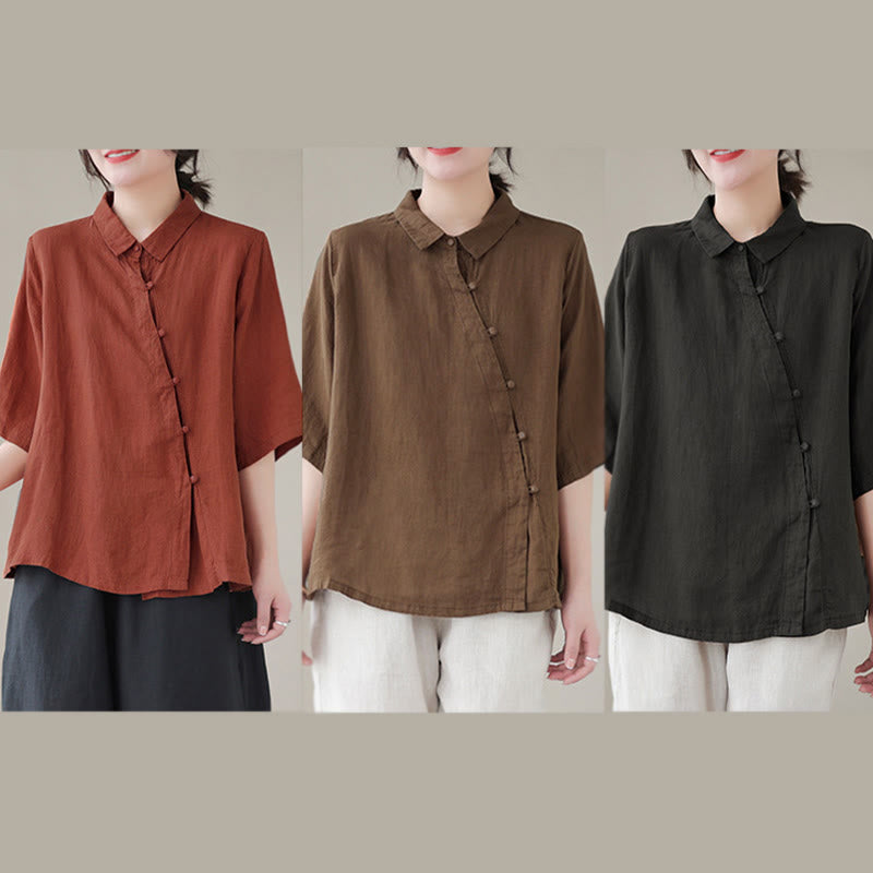 Nimara Ritual Lapel Frog-Button Diagonal Placket Design Three Quarter Sleeve Women's Cotton Shirt