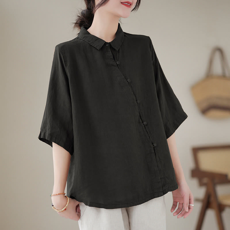 Nimara Ritual Lapel Frog-Button Diagonal Placket Design Three Quarter Sleeve Women's Cotton Shirt