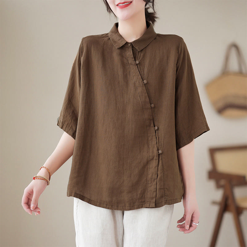 Nimara Ritual Lapel Frog-Button Diagonal Placket Design Three Quarter Sleeve Women's Cotton Shirt