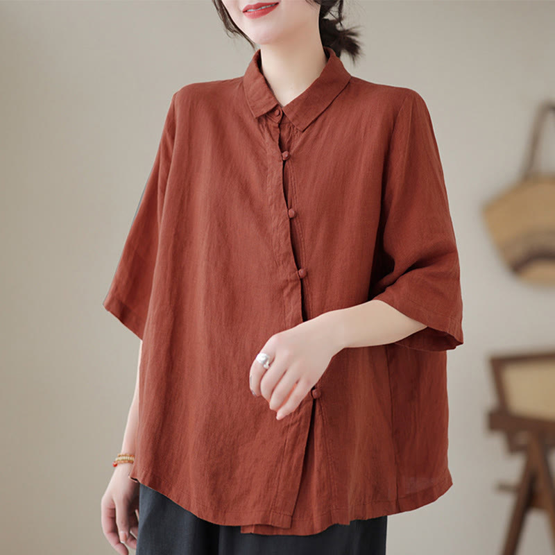 Nimara Ritual Lapel Frog-Button Diagonal Placket Design Three Quarter Sleeve Women's Cotton Shirt