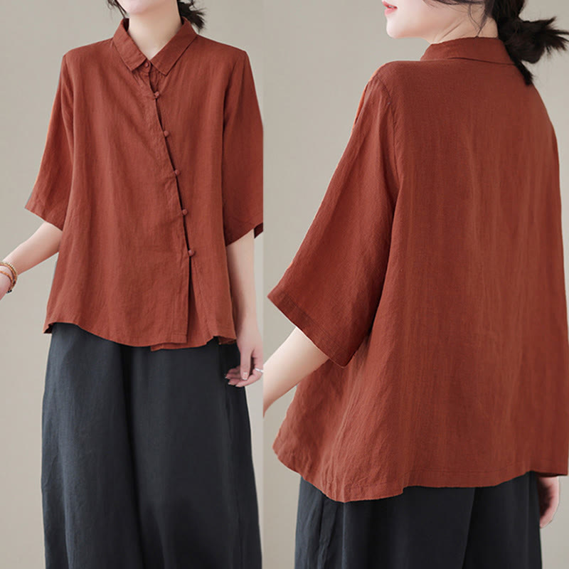 Nimara Ritual Lapel Frog-Button Diagonal Placket Design Three Quarter Sleeve Women's Cotton Shirt