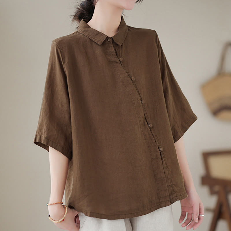 Nimara Ritual Lapel Frog-Button Diagonal Placket Design Three Quarter Sleeve Women's Cotton Shirt