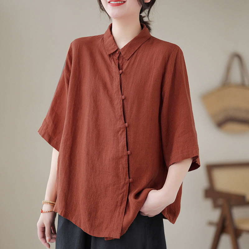 Nimara Ritual Lapel Frog-Button Diagonal Placket Design Three Quarter Sleeve Women's Cotton Shirt