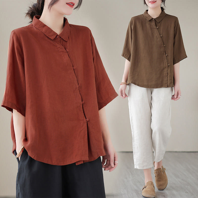 Nimara Ritual Lapel Frog-Button Diagonal Placket Design Three Quarter Sleeve Women's Cotton Shirt