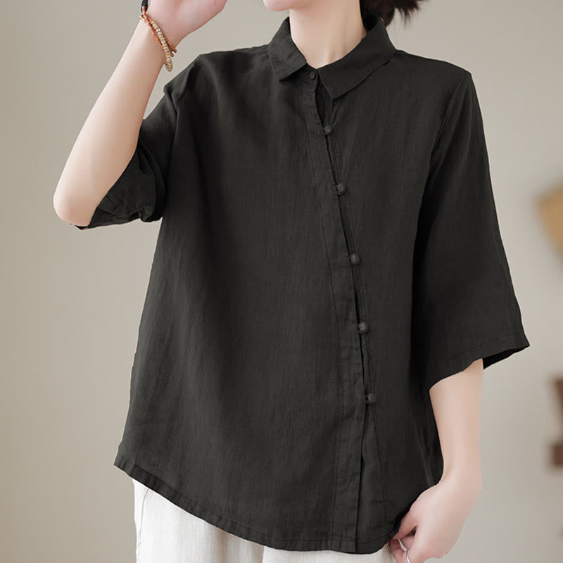 Nimara Ritual Lapel Frog-Button Diagonal Placket Design Three Quarter Sleeve Women's Cotton Shirt