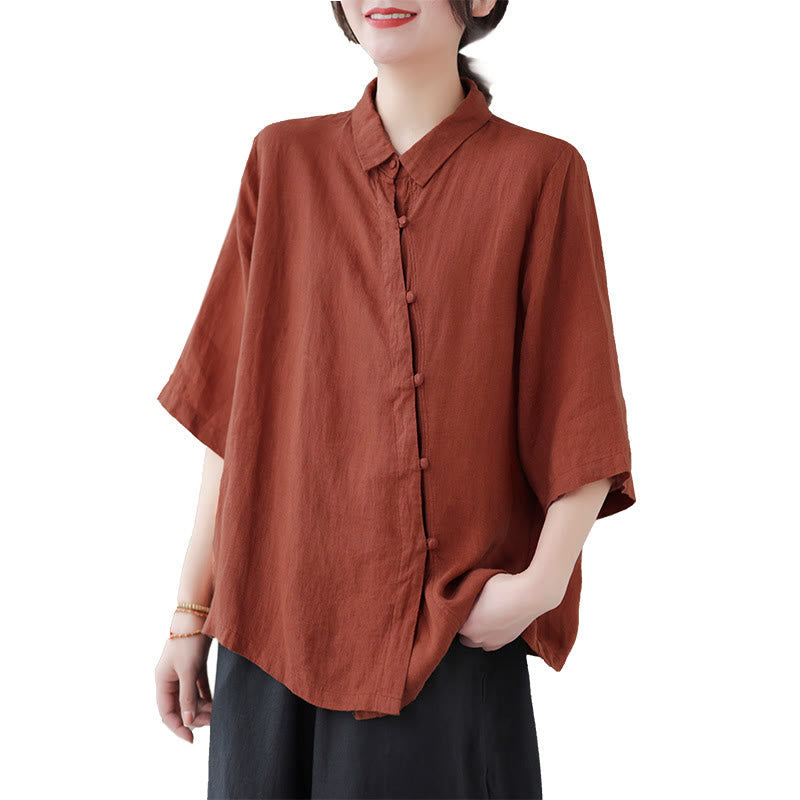 Nimara Ritual Lapel Frog-Button Diagonal Placket Design Three Quarter Sleeve Women's Cotton Shirt
