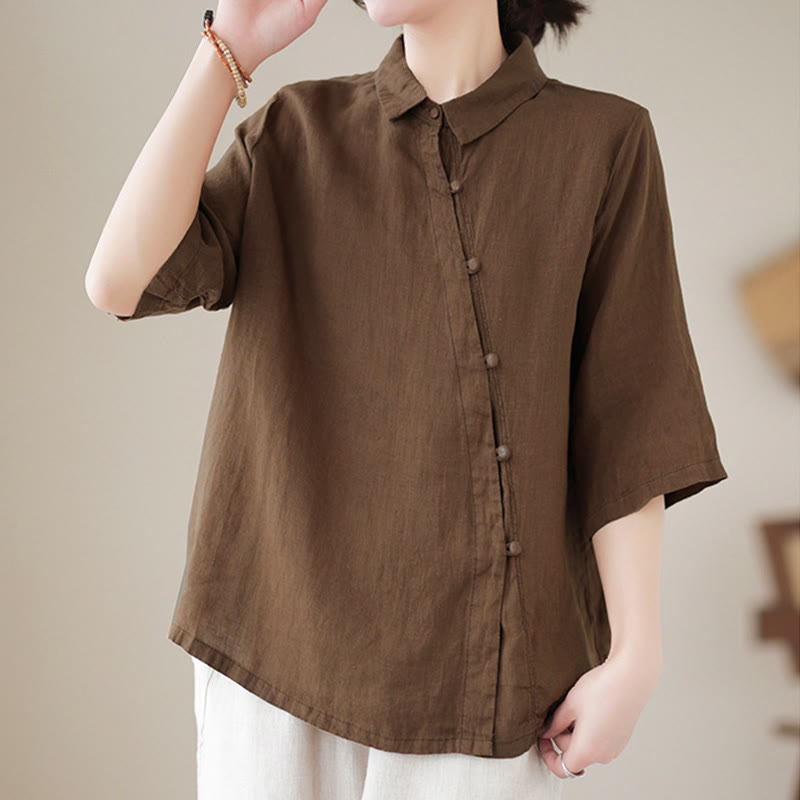 Nimara Ritual Lapel Frog-Button Diagonal Placket Design Three Quarter Sleeve Women's Cotton Shirt