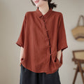Nimara Ritual Lapel Frog-Button Diagonal Placket Design Three Quarter Sleeve Women's Cotton Shirt