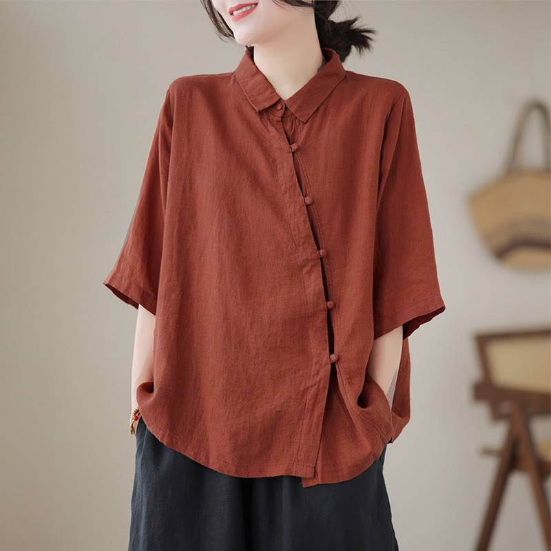 Nimara Ritual Lapel Frog-Button Diagonal Placket Design Three Quarter Sleeve Women's Cotton Shirt
