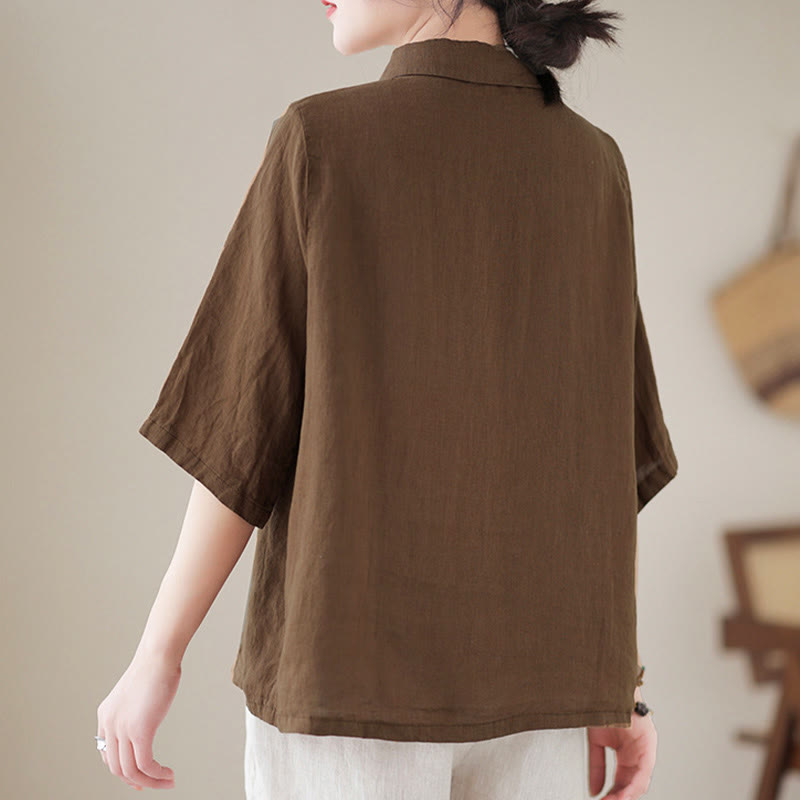 Nimara Ritual Lapel Frog-Button Diagonal Placket Design Three Quarter Sleeve Women's Cotton Shirt