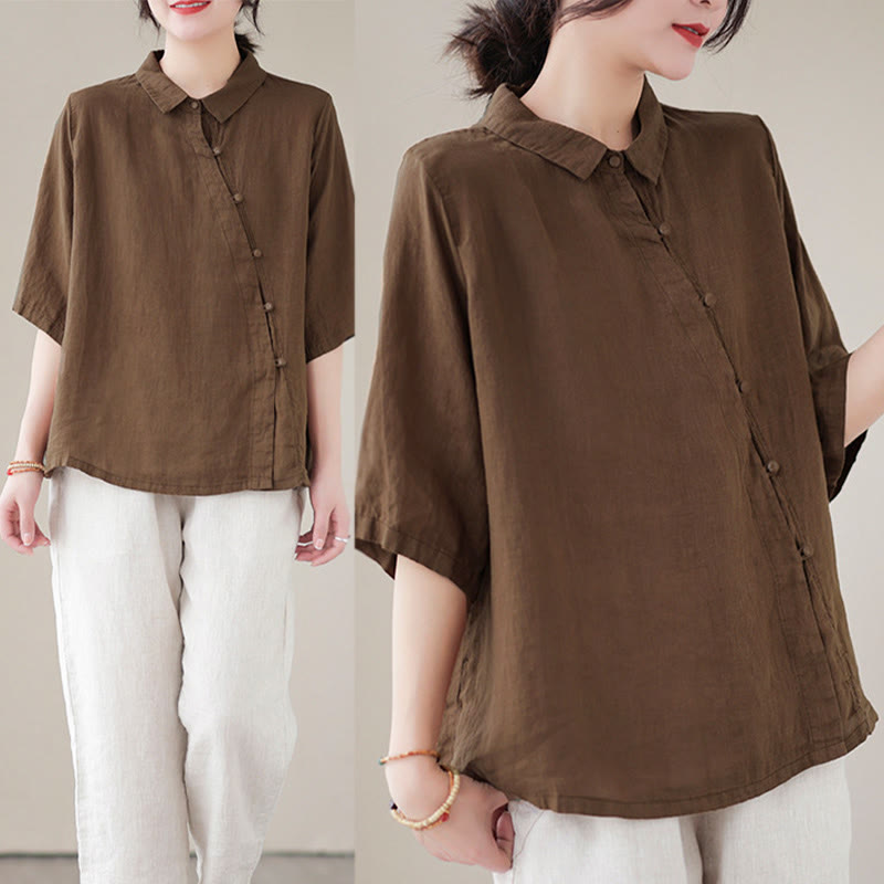 Nimara Ritual Lapel Frog-Button Diagonal Placket Design Three Quarter Sleeve Women's Cotton Shirt