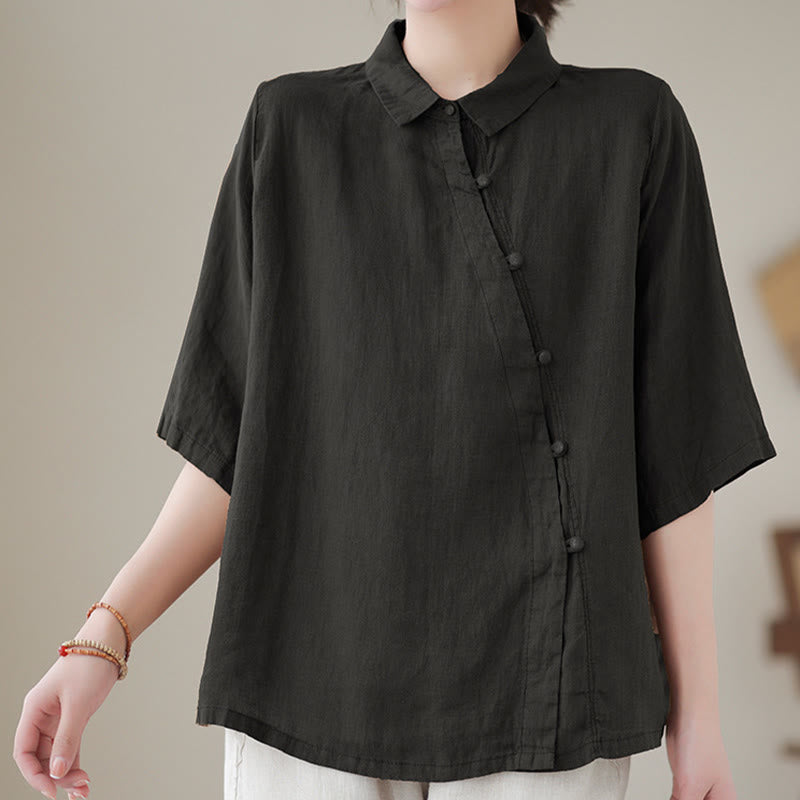 Nimara Ritual Lapel Frog-Button Diagonal Placket Design Three Quarter Sleeve Women's Cotton Shirt