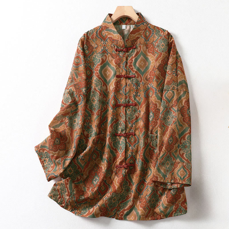Nimara Ritual Printing Chinese Frog-Button Long Sleeve Stand Collar Women's Shirt With Pockets